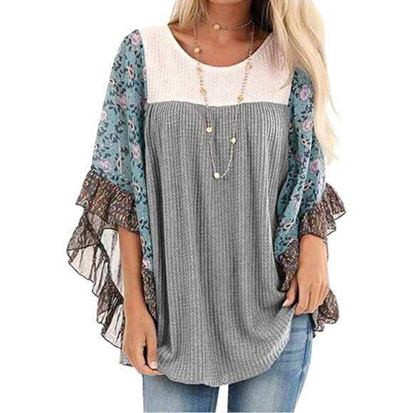 Tops - Womens Floral Printed Waffle Knit 3/4 Sleeve Batwing Blouse Loose Fit